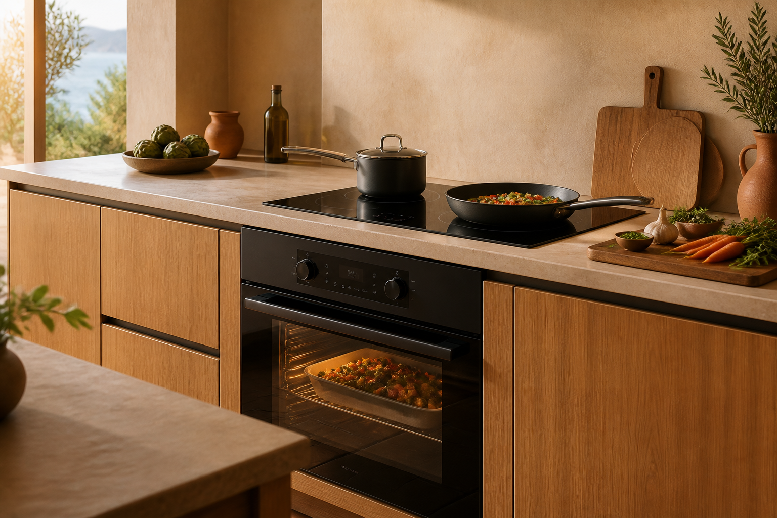 Horno y placa de inducción integrados en una cocina contemporánea
