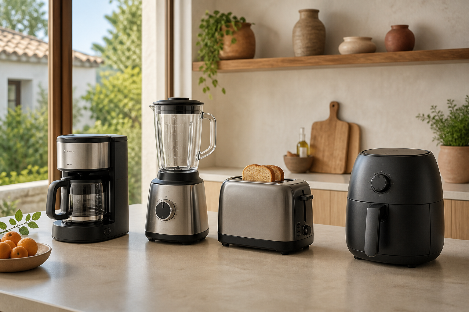 Cafetera, batidora, tostadora y freidora de aire sobre una encimera